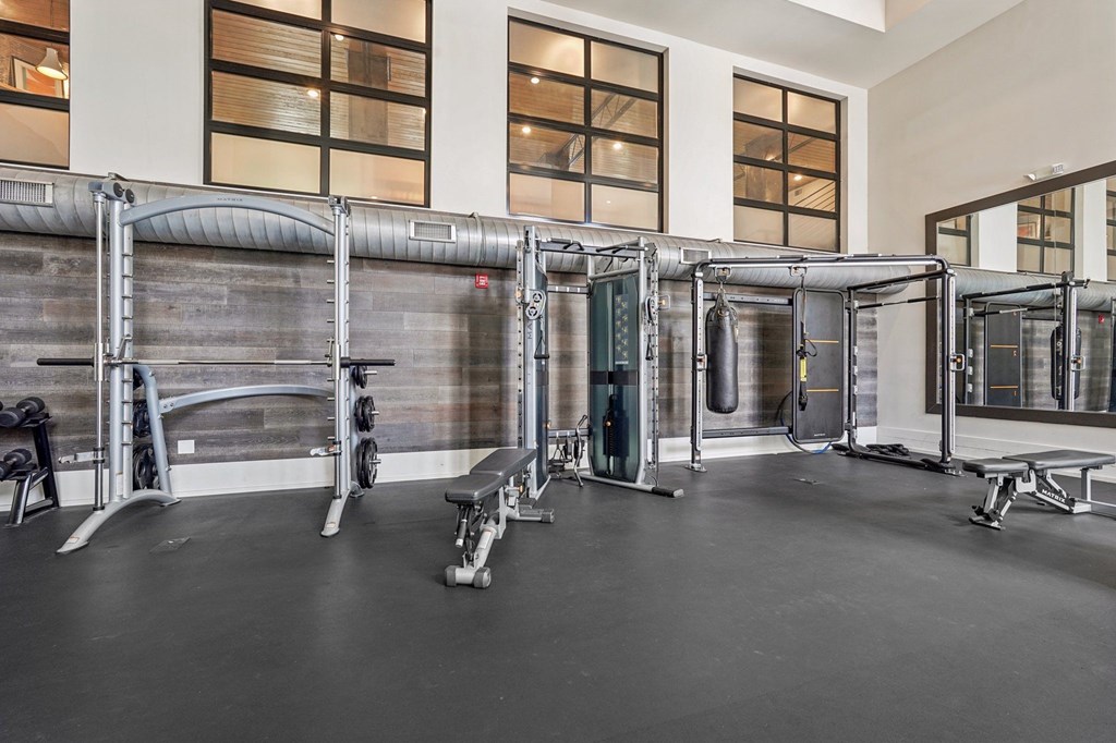 A gym with a variety of equipment including a squat rack, bench, and weightlifting machines.